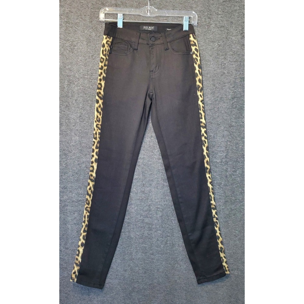 Judy Blue‎ Jeans Womens 0/24 (25x28) Black Leopard Side Panels Skinny Denim EUC